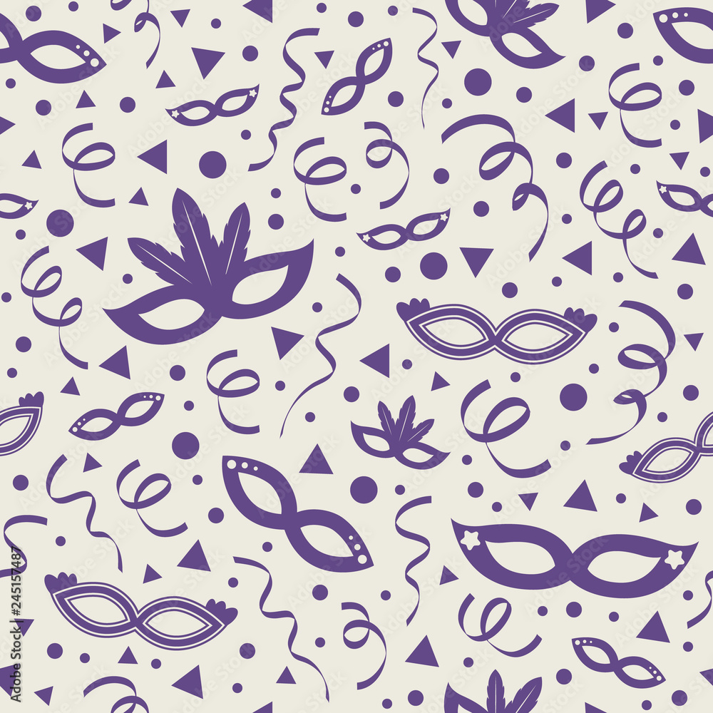 Carnaval Party seamless texture with colorful masks and serpentines. Vector Carnaval Party seamless texture with colorful masks and serpentines. Vector