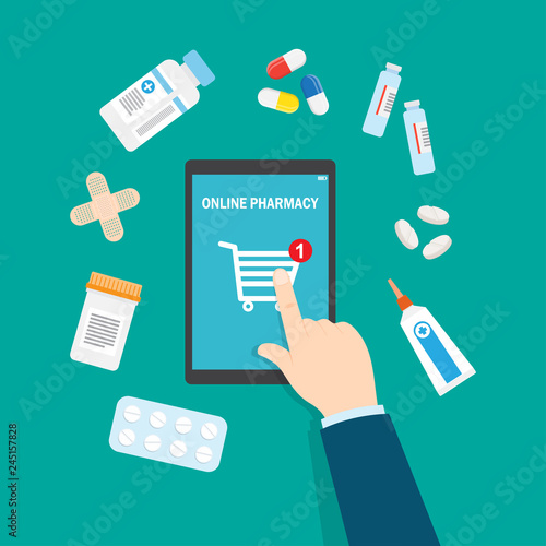 Online pharmacy concept. Vector flat illustration.