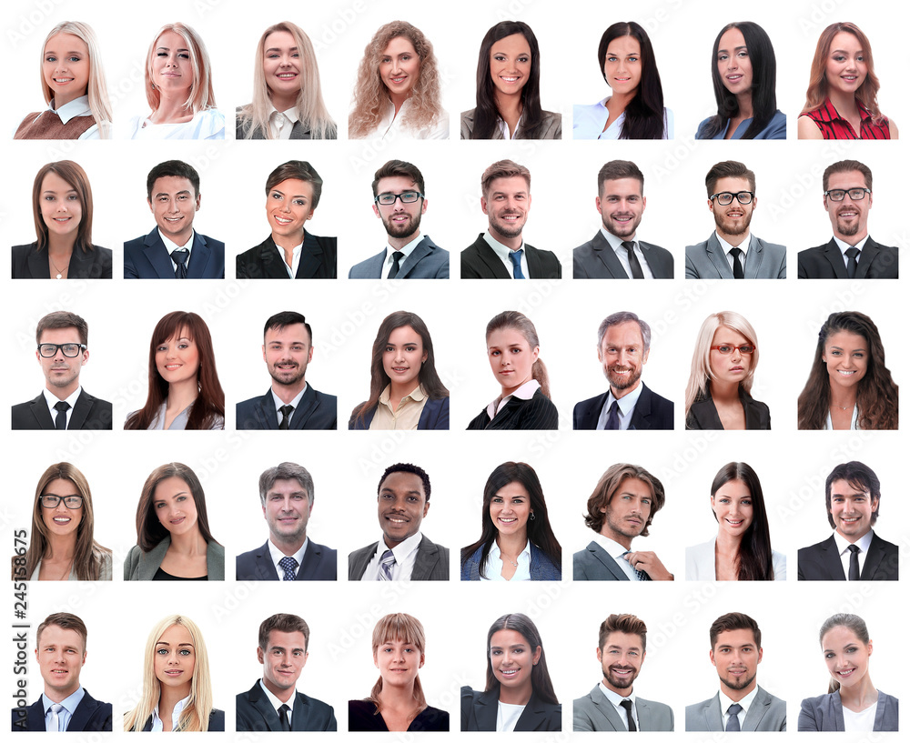 collage of portraits of successful employees isolated on white collage of portraits of successful employees isolated on white