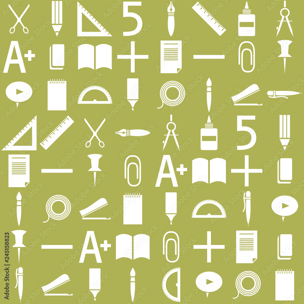 Fototapeta premium Set of vector icons in school theme: scissors, pencil, pen, ruler, triangle, dividers, eraser, clip, sheet of paper, book, notebook, glue, pin, 