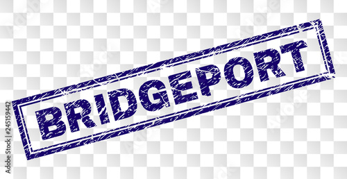 BRIDGEPORT stamp seal print with rubber print style and double framed rectangle shape. Stamp is placed on a transparent background. Blue vector rubber print of BRIDGEPORT title with unclean texture.