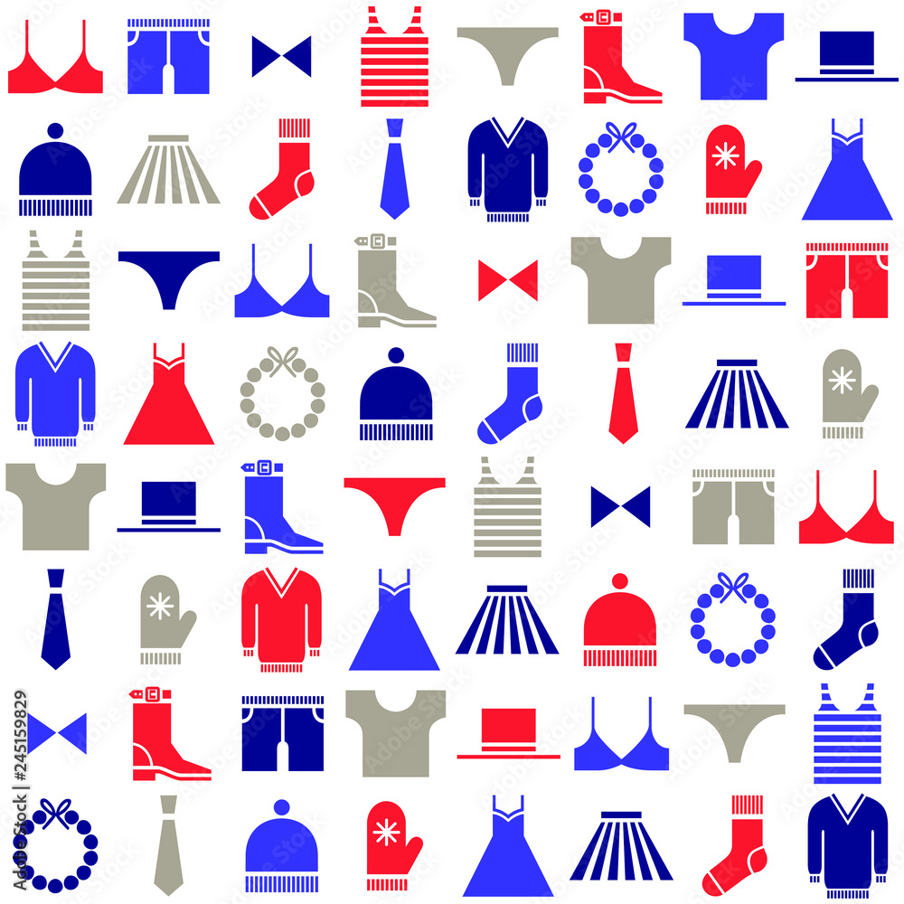 Set of sixteen vector clothes items icons: underwear, bra, panties, shorts, T-shirt, hat, beads, tie, dress, boots, mittens, skirt, bow tie, sweater, sock, T-shirt. Colored on white background