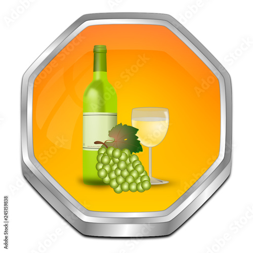 Button with wine bottle, a glass of wine and Grapes - 3D illustration