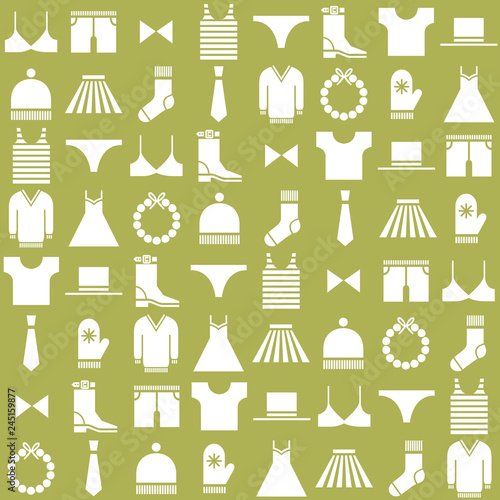 Set of sixteen vector clothes items icons: underwear, bra, panties, shorts, T-shirt, hat, beads, tie, dress, boots, mittens, skirt, bow tie, sweater, sock, T-shirt. Isolated on beige background