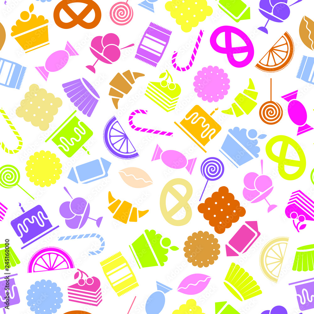 Candy icons vector seamless pattern. Colorful flat style background