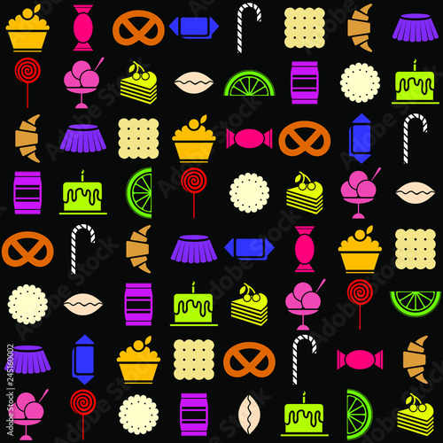 Set of vector candy icons: cupcake, biscuit, cookies, croissant, ice cream, cake, chocolate candy, marmalade, pie, lollipop, pretzel, souffle. Isolated, flat, colored