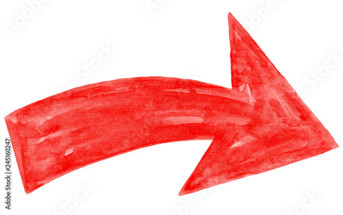 Red arrow sign has drawn by watercolor paint brush stroke and has a grange watercolour texture. Ink sketch drawing created in handmade technique. Colored silhouette symbol isolated on white background