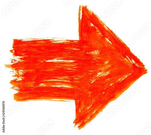 Red arrow sign has drawn by watercolor paint brush stroke and has a grange watercolour texture. Ink sketch drawing created in handmade technique. Colored silhouette symbol isolated on white background