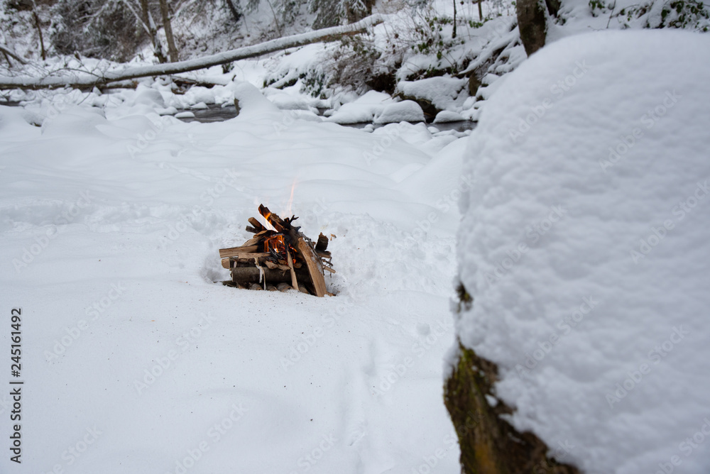Campfire on snow in the winter forest