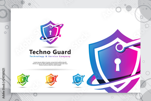 3d shield tech vector logo design with modern concept , abstract illustration symbol of cyber security  for digital template protection software company.