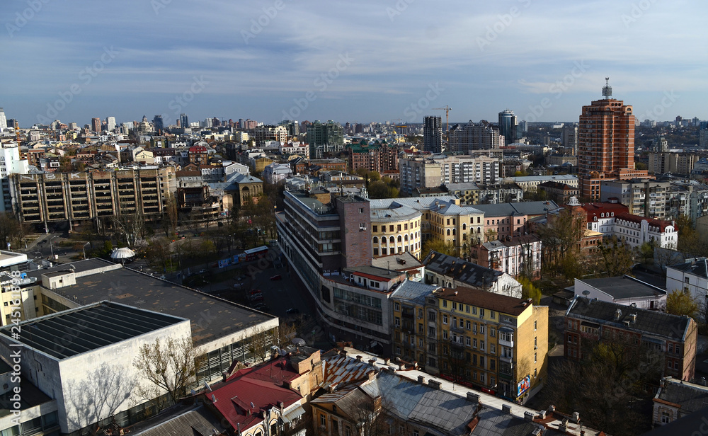 Naklejka premium Spring panorama of Kiev skyline from a bird's-eye view