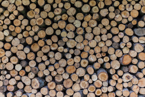 Background of dry chopped firewood logs stacked up on top of each other in a pile.