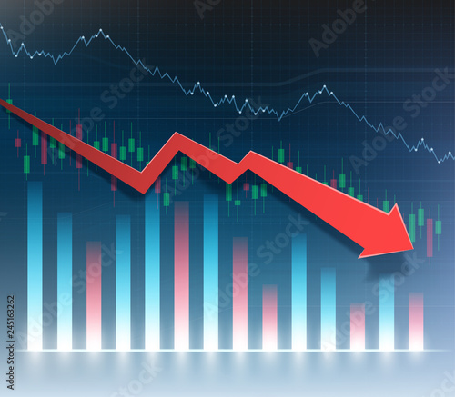 Financial chart with red arrow down. Graph of economic recession.