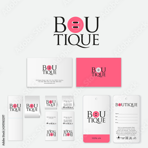 Boutique logo. Letters and pink button like letter O. Tailor logo. Clothes store. Set of labels and business card.