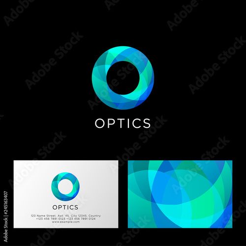 Optics logo. O letter. Blue and azure transparent abstract symbol. Web, user interface icon. Identity. Business card.