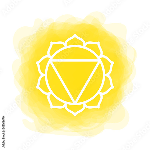 Manipura icon. The third sun chakra. Vector yellow smoky circle. Line symbol. Sacral sign. Meditation