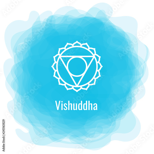 Vishuddha icon. The fifth guttural chakra. Vector blue smoky circle. Line symbol. Sacral sign. Meditation