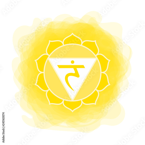 Manipura icon. The third sun chakra. Vector yellow smoky circle. Line symbol. Sacral sign. Meditation