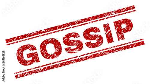 GOSSIP seal print with distress texture. Red vector rubber print of GOSSIP title with grunge texture. Text title is placed between double parallel lines.