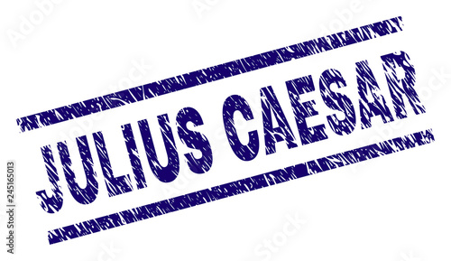 JULIUS CAESAR seal print with grunge style. Blue vector rubber print of JULIUS CAESAR tag with scratched texture. Text title is placed between parallel lines.