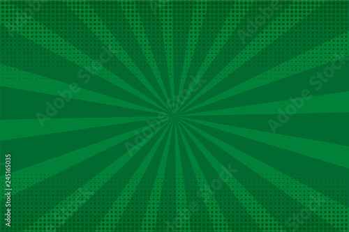 Bright sunbeams background with green dots. Abstract background with halftone dots design.