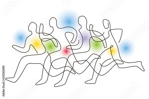  Running race, competition, line art stylized. Colorful lineart stylized illustration of four running racers on gradient abstract background . Vector available.