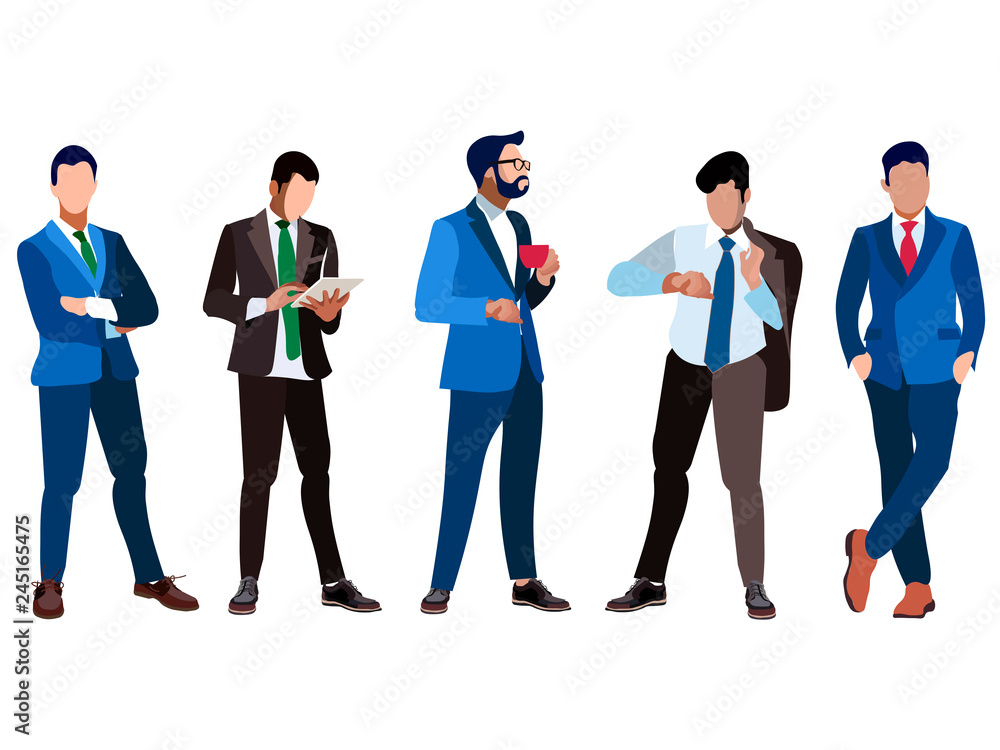 Obraz premium A set of businessmen five people. Isolated on white background. In minimalist style. Cartoon flat Vector