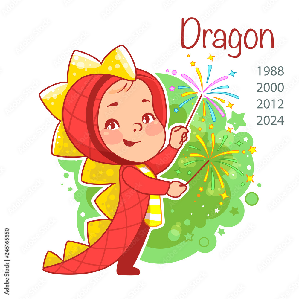 Chinese year symbol. Cute little baby wear costume of dragon Little girl as  dragon. Baby boy or girl celebrate. Carnival costume. Kid celebrating new  year.Vector illustration. Stock Vector | Adobe Stock