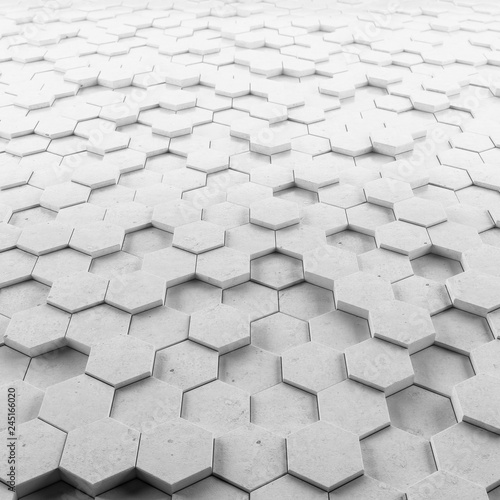 Abstract hexagonal background. Grunge Polygonal Hex geometry white surface . Futuristic technology texture concept. 3d Rendering..