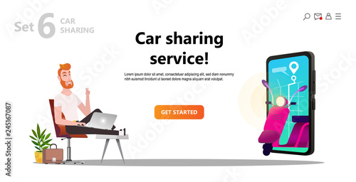 Online carsharing. Motocycle on screen smartphone. Man and scooter rent. Mobile city transportation concept,  Online car sharing with cartoon character and screen smartphone, can use for web design