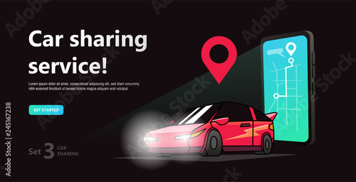 Car sharing concept. Business man with smartphone and  rent car. Parking service website template. Online transport service rent. Online car sharing and cartoon character on black background. Isolated