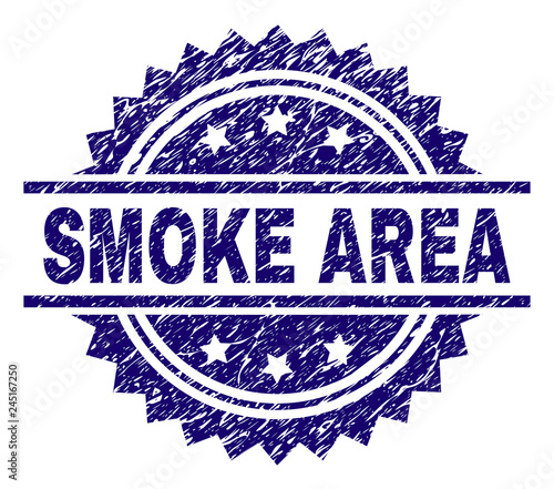SMOKE AREA stamp seal watermark with distress style. Blue vector rubber print of SMOKE AREA title with retro texture.