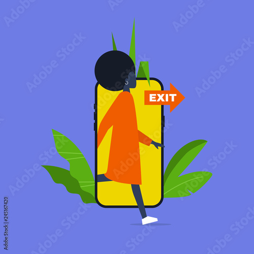 Digital detox. Young black female character stepping out of the mobile phone screen. Modern lifestyle. Millennial user. Flat editable vector illustration, clip art