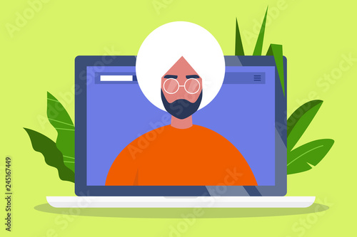 A portrait of Young adult wearing glasses. Social media profile. Laptop screen. Flat editable vector illustration, clip art