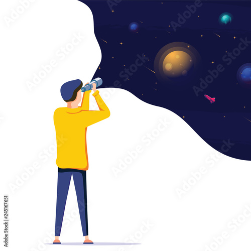 Man exploring space. Vector illustration flat design. Use in Web Project and Applications. Landing page concept