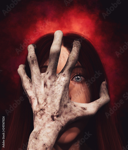Portrait of woman being threaten by hands of the devil 3d illustration