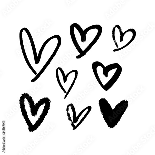 Collection of black brush hearts, vector illustrations. Hand drawn pen and ink painting.