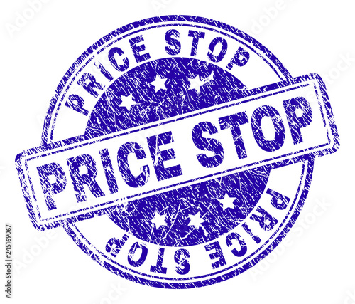 PRICE STOP stamp seal imprint with grunge texture. Designed with rounded rectangles and circles. Blue vector rubber print of PRICE STOP text with grunge texture.