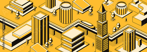 Future city streets isometric vector urban background with futuristic subway train or car moving on road or rails among skyscrapers buildings line art illustration. Science fiction metropolis concept