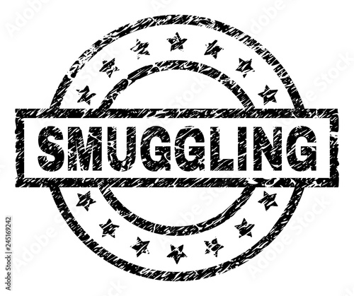 SMUGGLING stamp seal watermark with distress style. Designed with rectangle, circles and stars. Black vector rubber print of SMUGGLING title with grunge texture.
