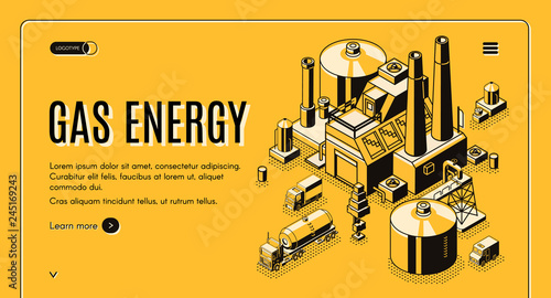 Natural-gas and energy supply company isometric vector web banner or landing page template with cargo trucks carrying liquefied gas in tank from processing plant or LNG terminal line art illustration.
