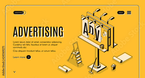 Advertising agency isometric vector web banner. Ladder, bucket with glue and partially glued banner on street billboard line art illustration. Outdoor advertising, promo campaign landing page template