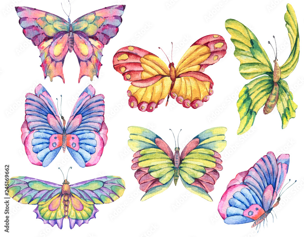 Watercolor set of vintage colorful butterflies, nature design elements collection isolated on white background