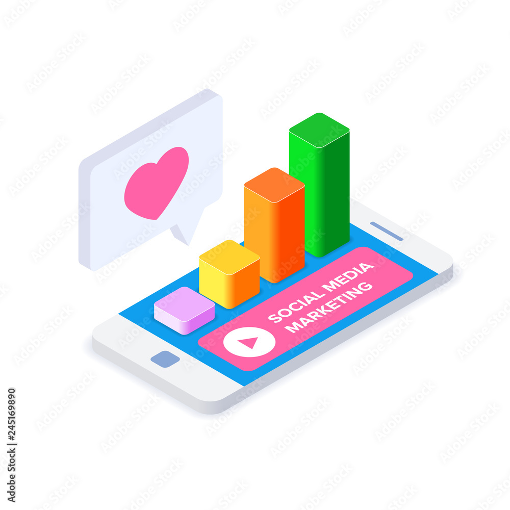 Isometric concept of Digital Marketing or Social Media Marketing. 3D Modern  flat design. Growing popularity in social networks. Mobile phone or  smartphone. Stock Vector | Adobe Stock