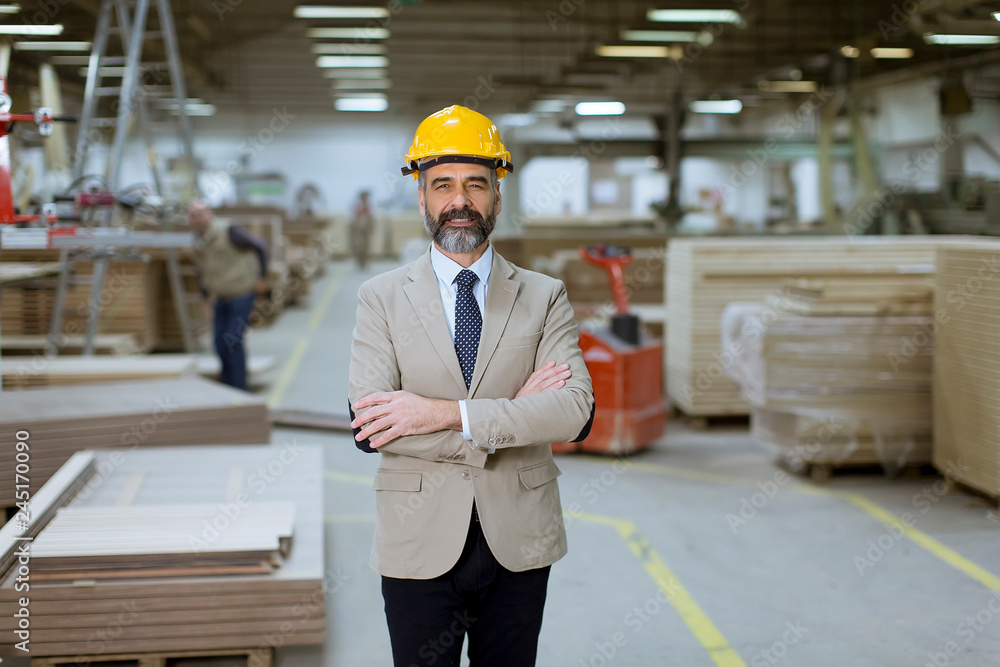 Portrait of handsome businessman in suit with helmet in a warehouse