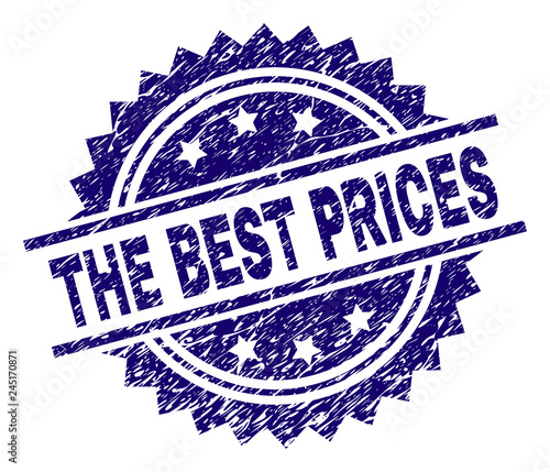 THE BEST PRICES stamp seal watermark with distress style. Blue vector rubber print of THE BEST PRICES text with retro texture.