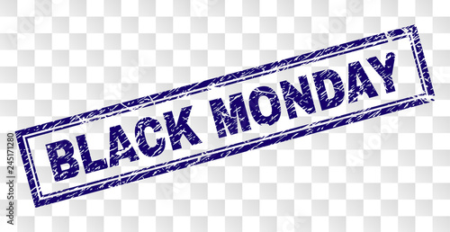 BLACK MONDAY stamp seal watermark with rubber print style and double framed rectangle shape. Stamp is placed on a transparent background.