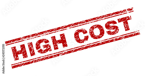 HIGH COST seal print with grunge texture. Red vector rubber print of HIGH COST caption with dirty texture. Text title is placed between double parallel lines.