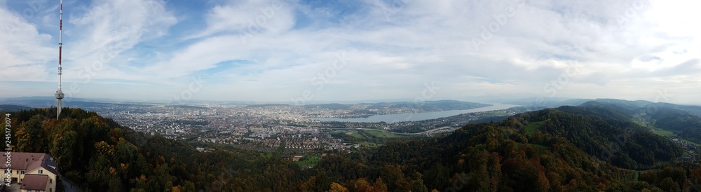 Panorama photo of Zurich, Switzerland, from Uetliberg view tower.
