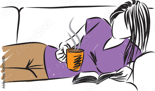 woman reading and drinking coffee vector illustration